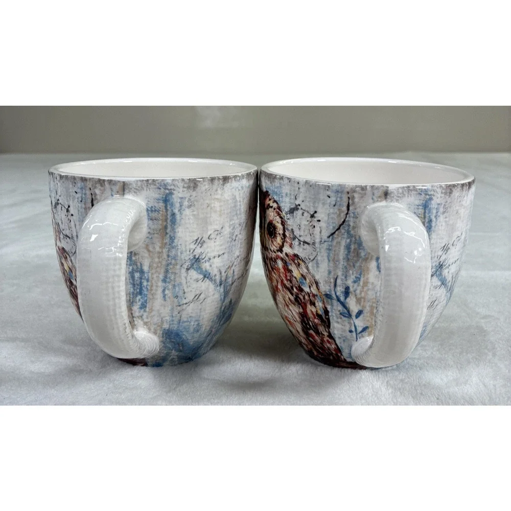 Pier 1 Imports Ironstone Owl Mugs(2) Dimpled Glossy 8.75” 2pcs Benefits Chrty